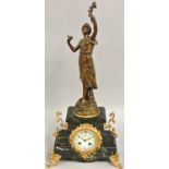 A 19th century French marble, gilt metal and spelter mantle clock, the architectural case with