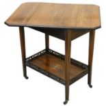 An Edwardian rosewood drop leaf side table, the rectangular twist top with boxwood inlay, single