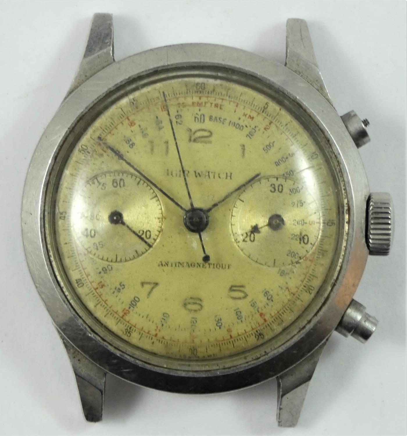 Agir Watch, a stainless steel manual wind chronograph wristwatch, circa 1950's, the off white dial