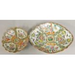 A Chinese famile verte oval shaped dish, with figures and bird decoration, raised on a pedestal