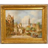 John Haanstra (20th century) Dutch street/canal scene on market day, signed, oil on board, 39 x 49