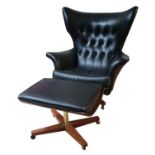 A G Plan Rexine wingback swivel and rocking armchair and stool, model 6250, 92 cm wide x 101 cm