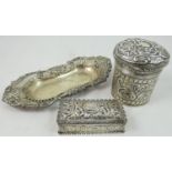 A Victorian silver pin box, Birmingham 1899, with embossed decoration, 9 x 4 x 3 cm, a circular box,