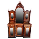 A Victorian burr walnut, rosewood and boxwood inlaid mirrored cabinet, the mirrored upper section