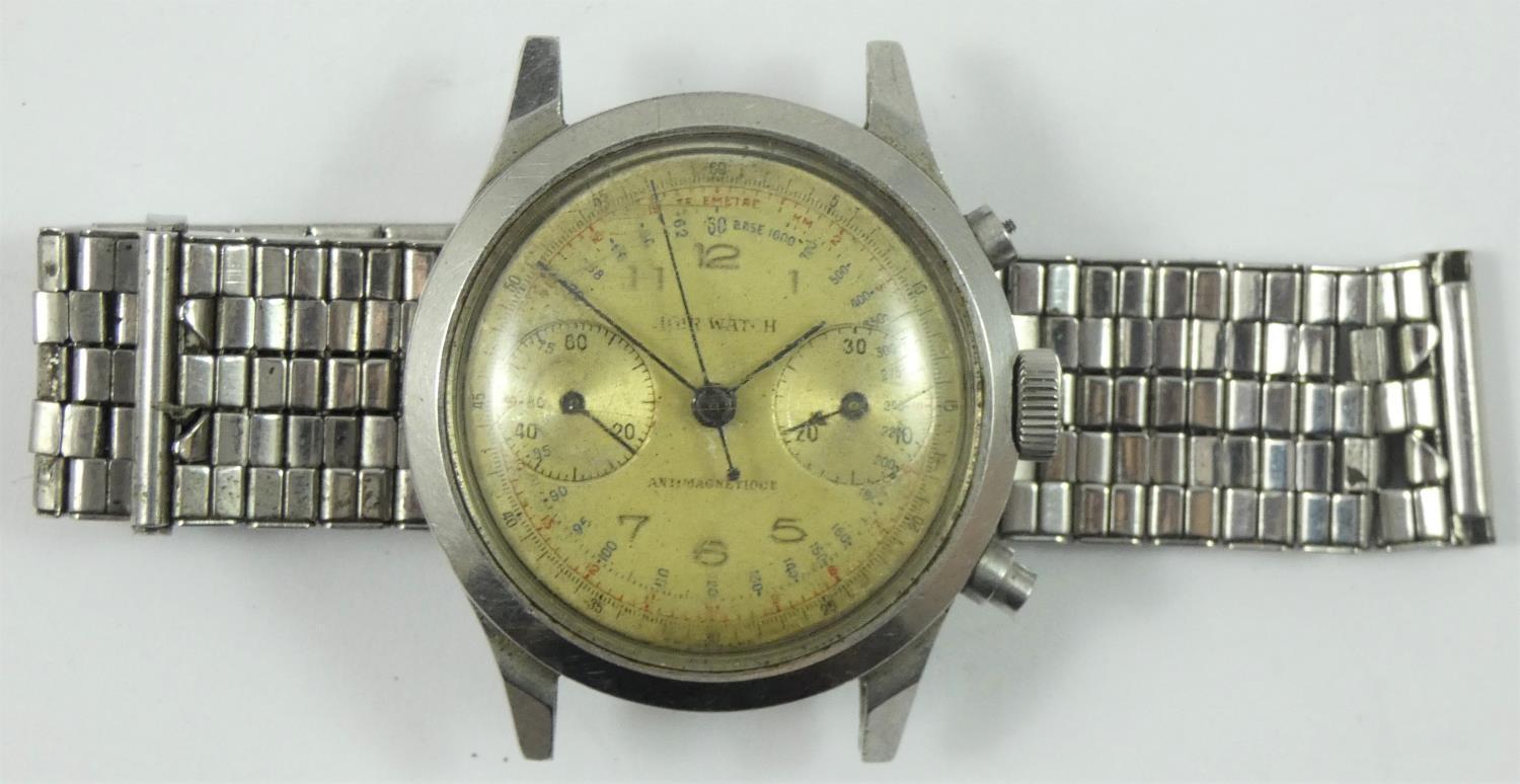 Agir Watch, a stainless steel manual wind chronograph wristwatch, circa 1950's, the off white dial - Image 3 of 7