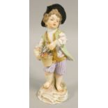 A Dresden figure of a boy, carrying a pail of flowers, blue crossed swords mark, 13.5 cm.