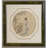 A Japanese pair of wood block prints, depicting ladies, character marks, 64 x 30 cm, and a similar