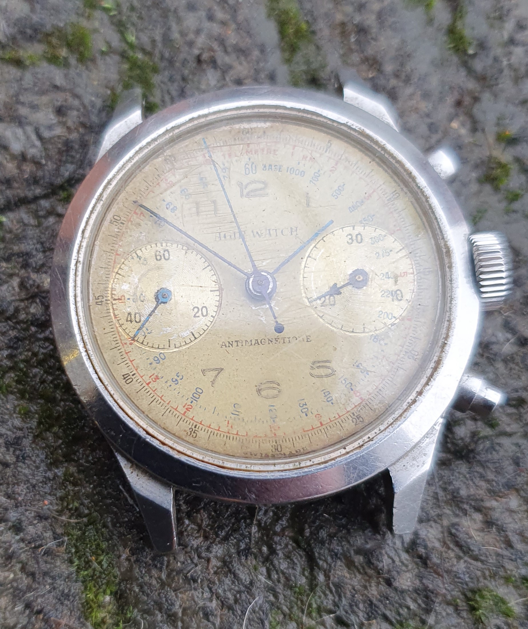 Agir Watch, a stainless steel manual wind chronograph wristwatch, circa 1950's, the off white dial - Image 7 of 7