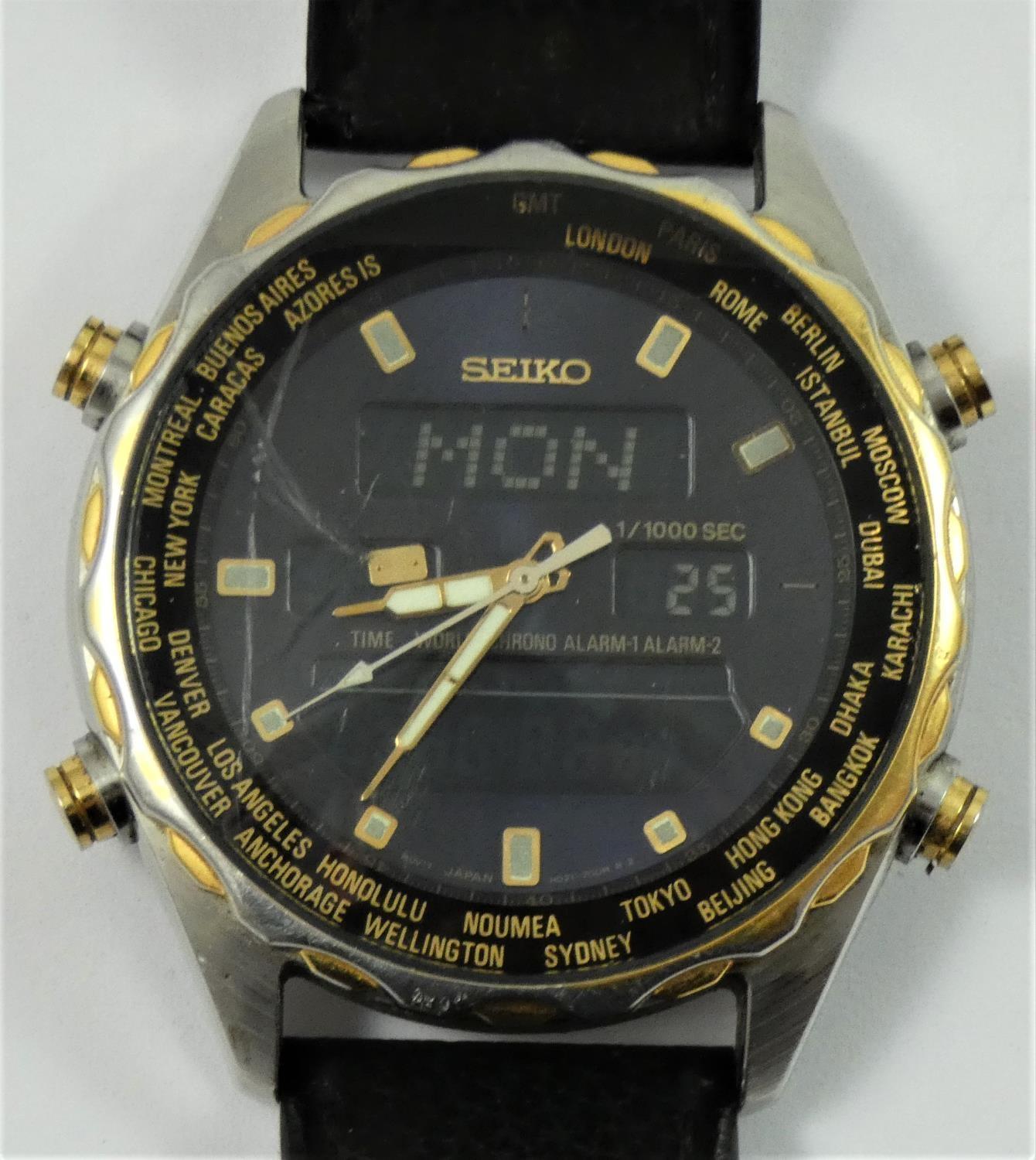 Seiko, an analogue/digital World Time alarm chronograph stainless steel gentleman's wristwatch,