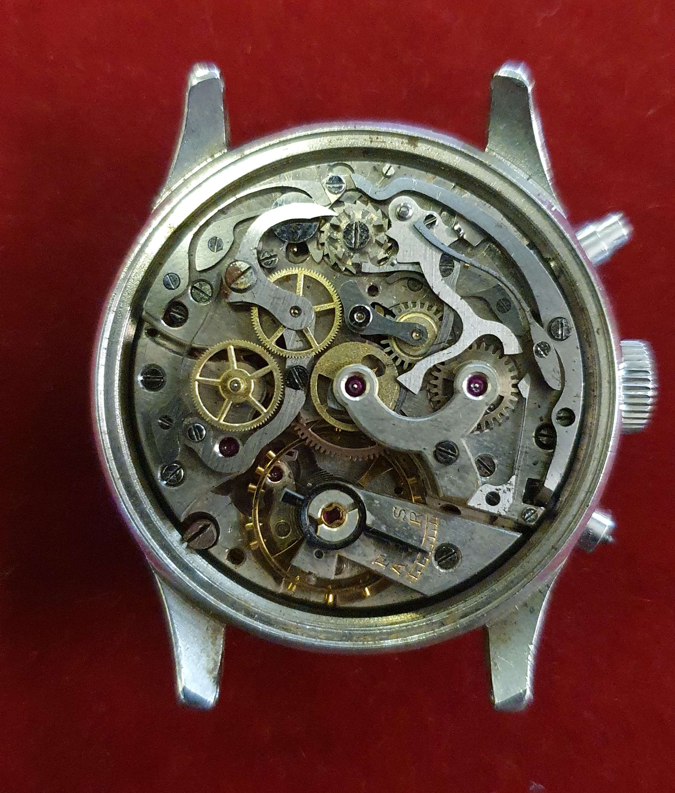 Agir Watch, a stainless steel manual wind chronograph wristwatch, circa 1950's, the off white dial - Image 4 of 7