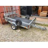 A general purpose car trailer, 1000 lbs, with mesh drop back, two spare wheels, jockey and rear