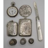 A silver crown, 1896, two silver vesta cases, Birmingham 1899 and Chester 1900, a fob watch and a