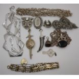 A silver and marcasite double clip brooch, a silver Celtic brooch and other jewellery.