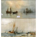 Fishing fleet on a calm sea, unsigned, watercolour 25 x 50 cm together with another similar,