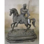 A 19th century spelter figure of a mounted knight, raised on a wooden plinth, 40 cm, split to the