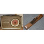 An antique primitive wood block hand planer, length 56cm, together with a vintage Bush radio (2).