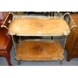 An Edwardian inlaid drinks trolley with applied brass fittings, 85cm long.