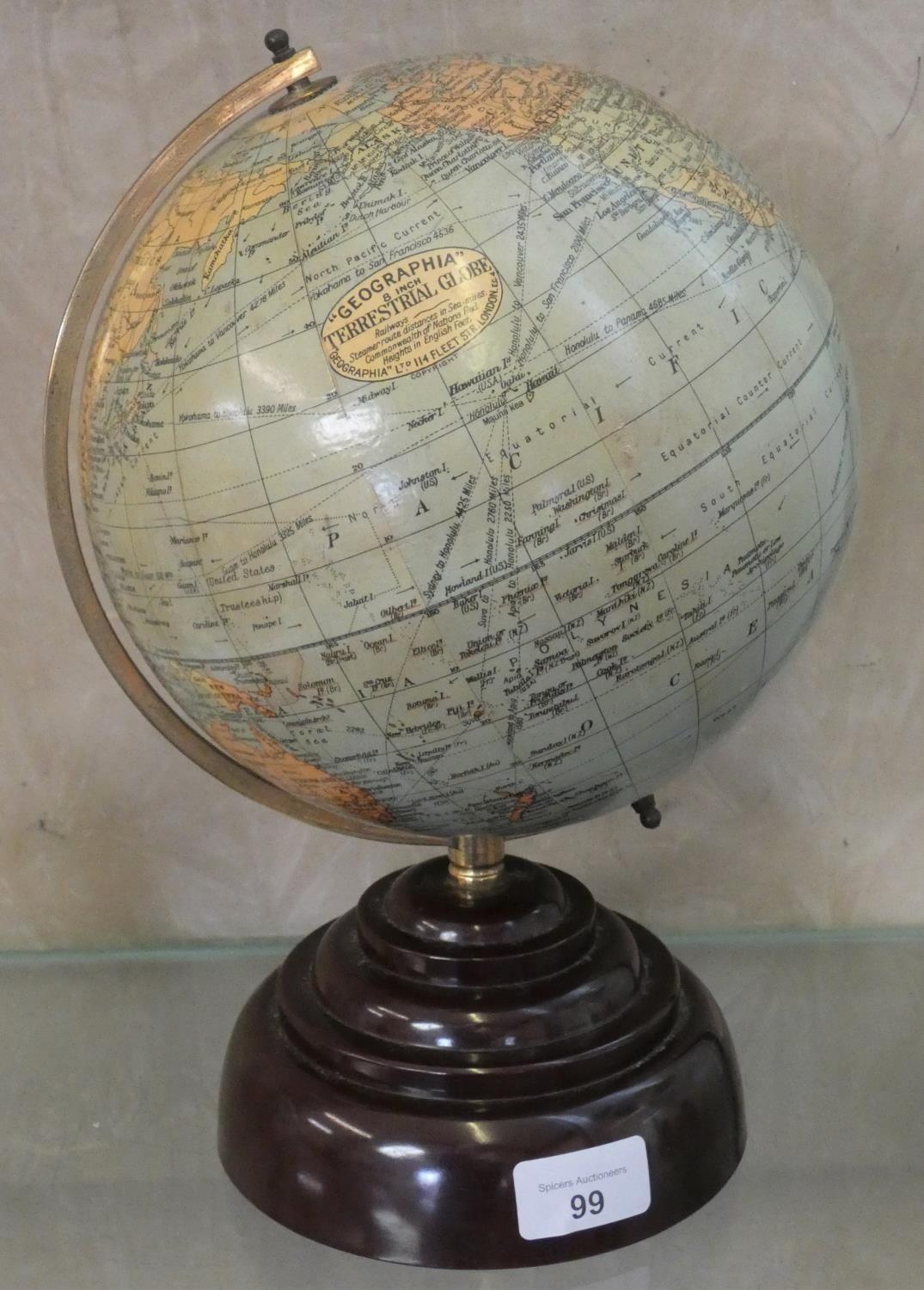 An 8 inch terrestrial globe Geographia, raised on a Bakelite pedestal base, height 31cm.