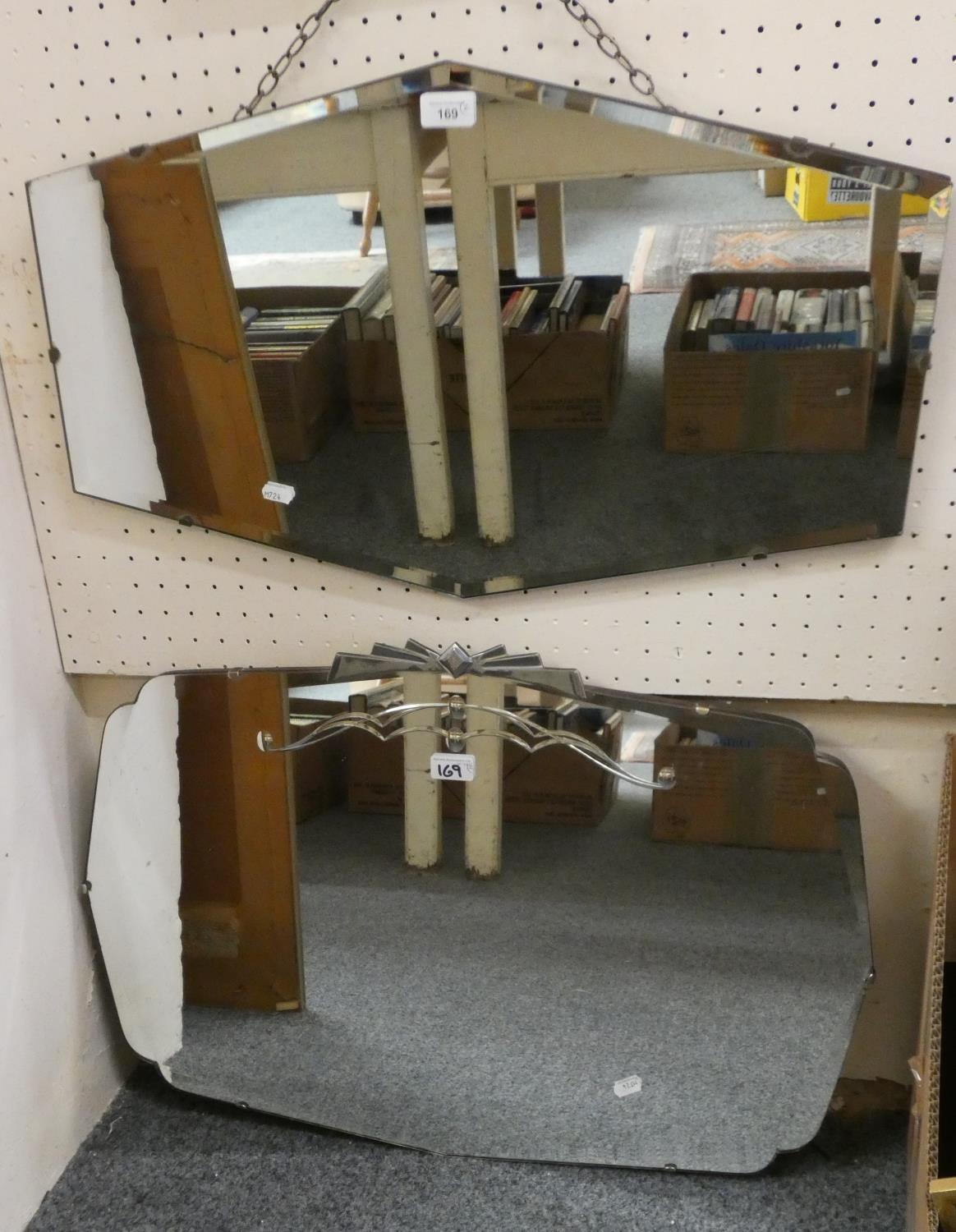 An Art Deco bevel edge mirror with chrome surmount, 50 x 75 cm and another mirror, 40 x 68 cm (2).