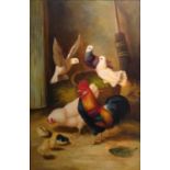 Chicken and Rooster farmyard scene, unsigned, oil on canvas, 90 x 60 cm.