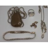 A silver mounted agate pendant and other jewellery.