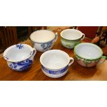 A Victorian blue and white chamber pot and four other examples.