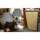 Two modern table lamps with matching shades, together with an early travelling trunk (3)
