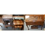 A mid 20th century bureau with carved Oriental scenes, together with a matching magazine rack,