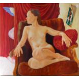 Naked lady on a chair, unsigned, oil on canvas, mounted on board, unframed, 112 x 122 cm.