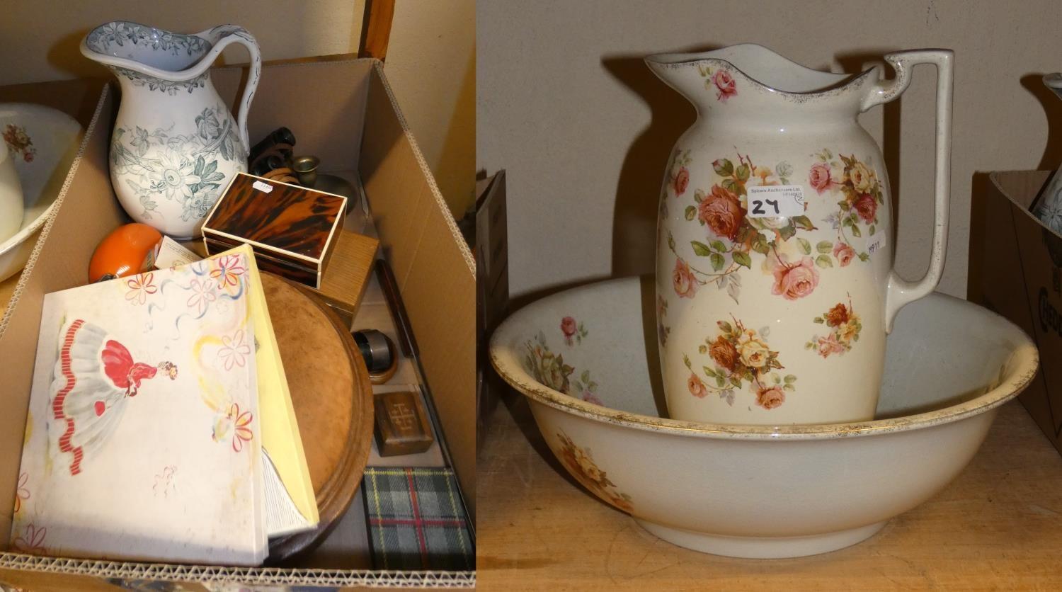 A Victorian jug and basin set, a Victorian foot stool and other items.