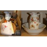A Victorian jug and basin set, a Victorian foot stool and other items.