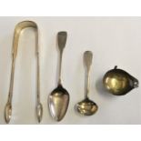 A George III silver teaspoon, York 1818, a Georgian Irish mustard spoon, a Victorian pair of