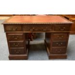 A mahogany knee hole desk with inset skiver 120 x 70 cm, 3 drawers over a bank of 3 drawers to