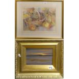A still life watercolour 'Vera Beaumont' and a gilt framed oil by Mark Dawson 'Sunset At