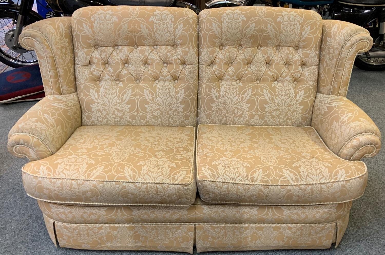 A two piece suite comprising a 3 and 2 seater settees in button back light brown fabric, 175 and 204 - Image 2 of 2