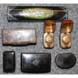Four 19th Century papier mache snuff boxes, two leather clad travelling inkwells and another box.