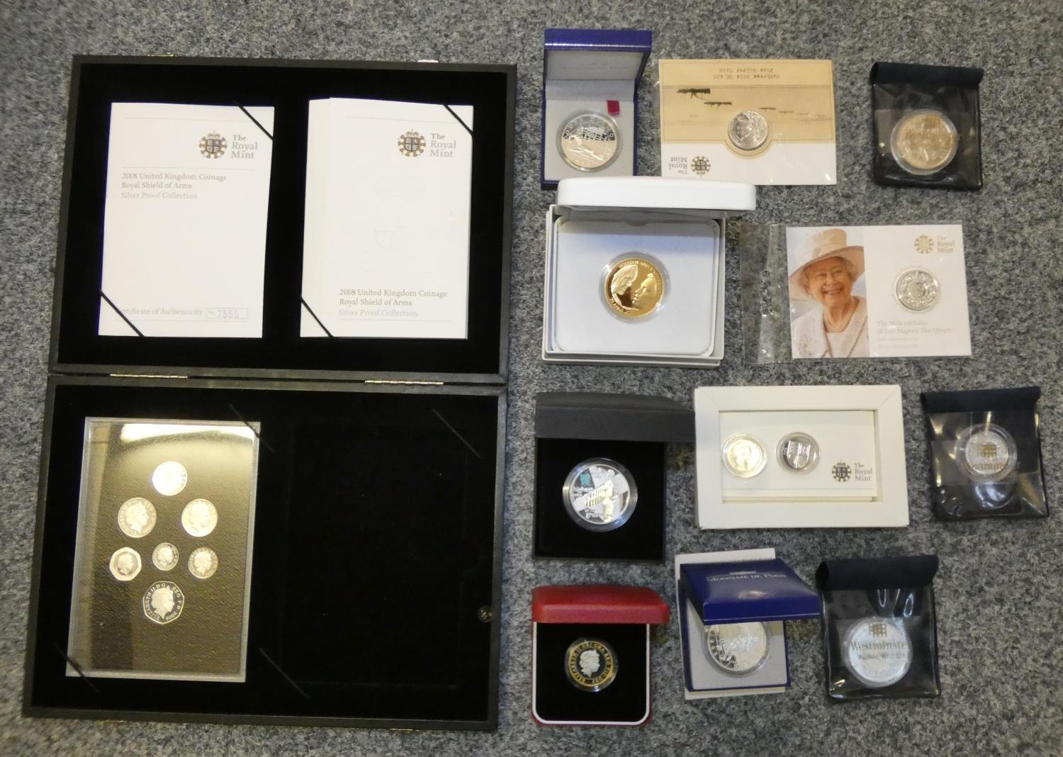 Royal Mint, a 2008 silver proof UK Coinage set, cased, together with 12 other silver proof