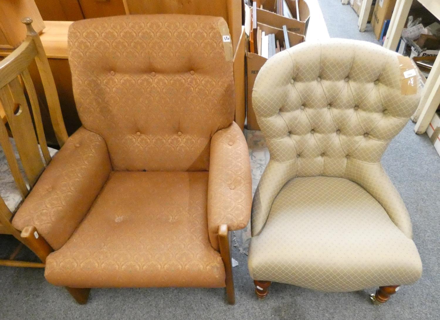 A button back nursing chair in beige/silver fabric together with a button back armchair (2).