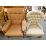 A button back nursing chair in beige/silver fabric together with a button back armchair (2).