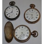 A silver open face keyless wind pocket watch, Birmingham 1921, lacking glass and two Waltham gold