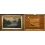 An oil on board depicting lake side scene, gilt frame, unsigned 83 x 53cm, together with a framed