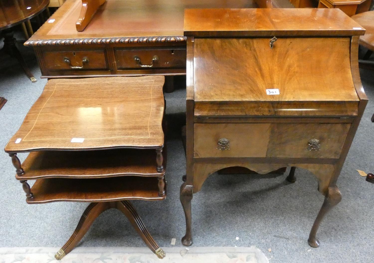 A mahogany ladies writing bureau together with a two tier occasional table (2).