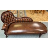 A brown leather button back chaise lounge 170 cm wide.