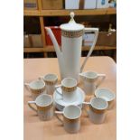 A Portmerion Greek Key pattern, white and gilt coffee service, finial A/F, and other wares.
