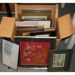 A box of prints/reproductions to include, wooden panel and embroidery of bird and dragon.