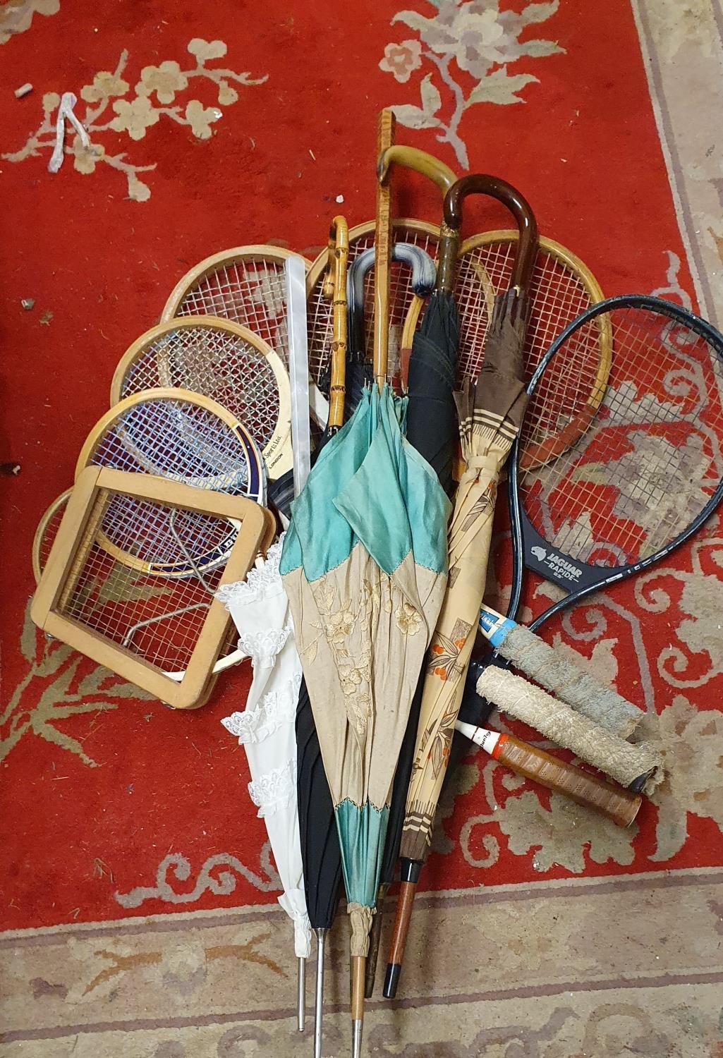 Five wood framed tennis rackets, with clamps, other wooden rackets and a collection of golf clubs - Image 2 of 3