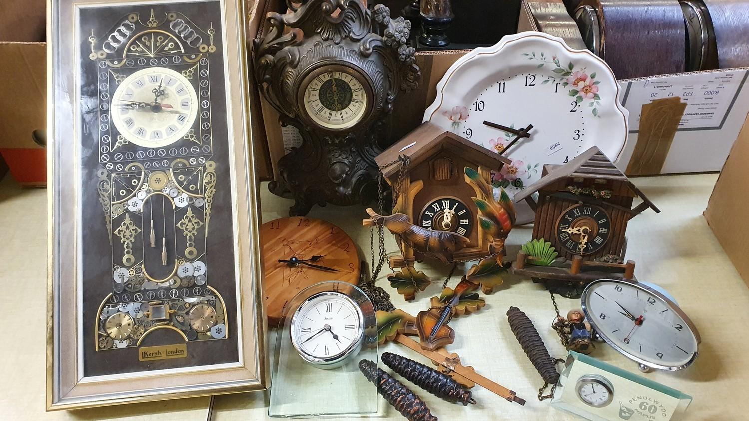 A Kersh of London watch parts quartz wall clock, two cuckoo clocks, various quartz carriage clocks