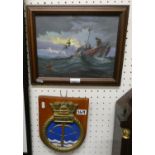 Micheal Whittaker, oil on board 'Dawn', fishing cobble and a HMS Crossbow painted crest (2)