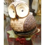 A Villeroy & Boch hand-painted owl trinket box, the brass-hinged porcelain box shaped like an owl