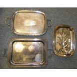 An electroplated two handled tray, with gadrooned borders, 59 cm across handles, another similar, 56